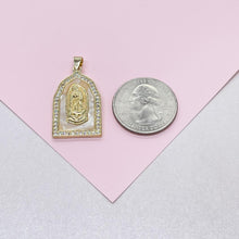 Load image into Gallery viewer, 18k Gold Filled Mother of Pearl Rectangle Medallion Engraved with Virgin Mary &amp; CZ
