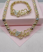 Load image into Gallery viewer, 18k Gold Filled "Love You" Heart XOXO Bracelet and Necklace Set
