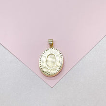 Load image into Gallery viewer, 18k Gold Filled Mother of Pearl Oval Medallion Engraved with Virgin Mary &amp; CZ

