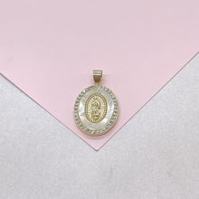 Load image into Gallery viewer, 18k Gold Filled Mother of Pearl Oval Medallion Engraved with Virgin Mary &amp; CZ
