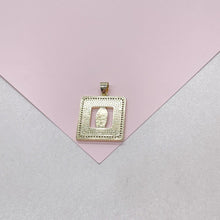 Load image into Gallery viewer, 18k Gold Filled Mother of Pearl Square See Through Medallion Engraved with Virgin Mary &amp; CZ
