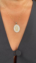 Load image into Gallery viewer, 18k Gold Filled Mother of Pearl Oval Medallion Engraved with Virgin Mary &amp; CZ
