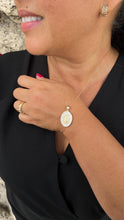 Load image into Gallery viewer, 18k Gold Filled Mother of Pearl Oval Medallion Engraved with Virgin Mary &amp; CZ
