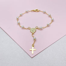Load image into Gallery viewer, 18k Gold Filled Pearl Rosary Bracelet: Virgin Mary Crucifix Charm
