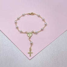 Load image into Gallery viewer, 18k Gold Filled Pearl Rosary Bracelet: Virgin Mary Crucifix Charm
