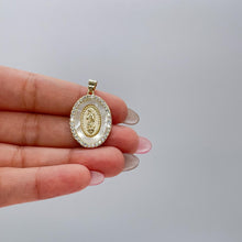 Load image into Gallery viewer, 18k Gold Filled Mother of Pearl Oval Medallion Engraved with Virgin Mary &amp; CZ
