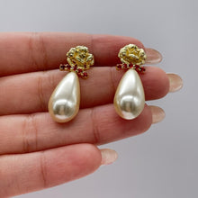 Load image into Gallery viewer, 18k Gold Filled Flower &amp; Long Pearl Tear Drop Earring
