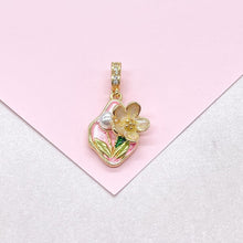 Load image into Gallery viewer, 18k Gold Colorful Oval Enamel Heart Charm with 3D Flower and Faux Pearl Details
