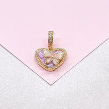 Load image into Gallery viewer, 18k Gold Colorful Enamel Heart Charm with 3D Butterfly Details
