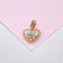 Load image into Gallery viewer, 18k Gold Colorful Enamel Heart Charm with 3D Butterfly Details
