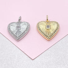 Load image into Gallery viewer, 18k Gold Filled Sunburst Heart Charm with Bezel Emerald Cut CZ
