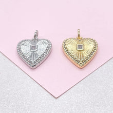 Load image into Gallery viewer, 18k Gold Filled Sunburst Heart Charm with Bezel Emerald Cut CZ
