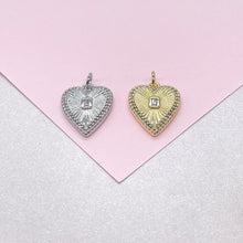 Load image into Gallery viewer, 18k Gold Filled Sunburst Heart Charm with Bezel Emerald Cut CZ
