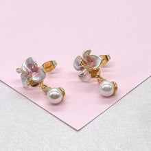 Load image into Gallery viewer, 18k Gold Filled Hand Painted, Hibiscus Flower Earring with Dangling Faux Pearl
