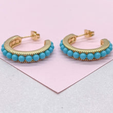 Load image into Gallery viewer, 18k Gold Filled Turquoise Beaded 25mm Hoop Earrings
