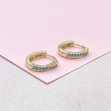 Load image into Gallery viewer, 18k Gold Filled Turquoise Pave 15mm Hoop Earrings, Narrow Row Style
