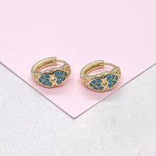 Load image into Gallery viewer, 18k Gold Filled Turquoise Double Heart 15mm Hoop Earrings
