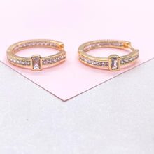 Load image into Gallery viewer, 18k Gold Filled Inside &amp; Out Baguette Stone Clicker -Hoop Earrings (26mm)
