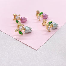 Load image into Gallery viewer, 18k Gold Filled Hand Painted, Tulip stud earring with stems
