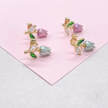 Load image into Gallery viewer, 18k Gold Filled Hand Painted, Tulip stud earring with stems
