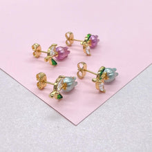 Load image into Gallery viewer, 18k Gold Filled Hand Painted, Tulip stud earring with stems

