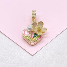 Load image into Gallery viewer, 18k Gold Colorful Oval Enamel Heart Charm with 3D Flower and Faux Pearl Details
