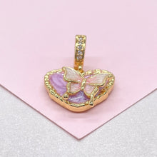 Load image into Gallery viewer, 18k Gold Colorful Enamel Heart Charm with 3D Butterfly Details
