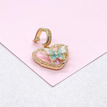 Load image into Gallery viewer, 18k Gold Colorful Enamel Heart Charm with 3D Butterfly Details
