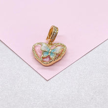 Load image into Gallery viewer, 18k Gold Colorful Enamel Heart Charm with 3D Butterfly Details
