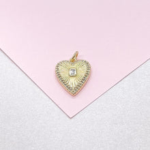 Load image into Gallery viewer, 18k Gold Filled Sunburst Heart Charm with Bezel Emerald Cut CZ
