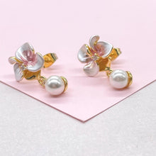 Load image into Gallery viewer, 18k Gold Filled Hand Painted, Hibiscus Flower Earring with Dangling Faux Pearl
