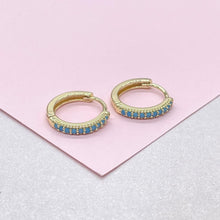 Load image into Gallery viewer, 18k Gold Filled Turquoise Pave 15mm Hoop Earrings
