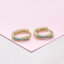 Load image into Gallery viewer, 18k Gold Filled Turquoise Pave 15mm Hoop Earrings, Narrow Row Style

