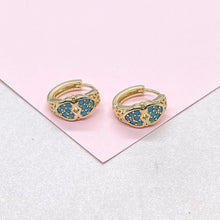 Load image into Gallery viewer, 18k Gold Filled Turquoise Double Heart 15mm Hoop Earrings
