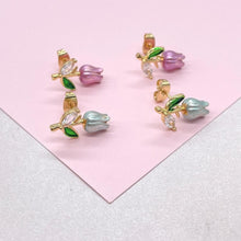 Load image into Gallery viewer, 18k Gold Filled Hand Painted, Tulip stud earring with stems
