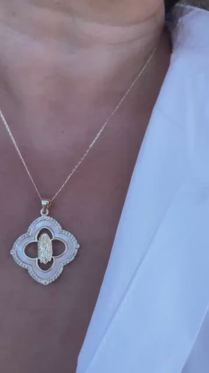 18k Gold Filled Mother of Pearl Clover Pendant with Virgin Mary Engraved Crowned with CZ