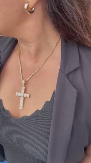 18k Gold Filled Baguette Stone Cross Pendant