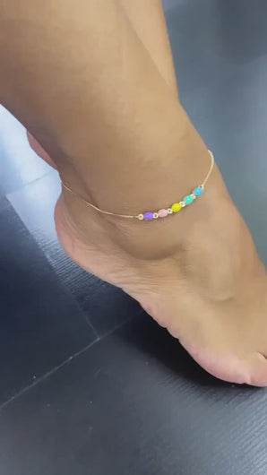 18k Gold Filled Box Chain Anklet with Pastel Colored Enamel Hollow Beads