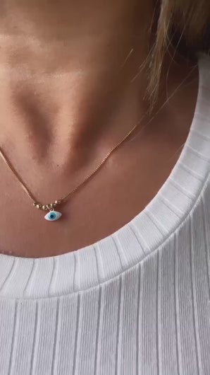 18k Gold Filled Plain Box Chain with Light Blue Evil Eye Charm With Bead Charms