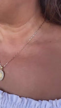 Load and play video in Gallery viewer, 18k Gold Filled Engraved Virgin of Mary Medallion with Baguette and Round CZ
