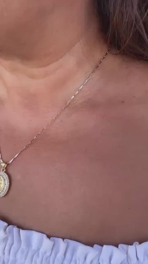 18k Gold Filled Engraved Virgin of Mary Medallion with Baguette and Round CZ