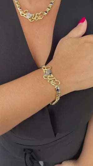 18k Gold Filled "Love You" Heart XOXO Bracelet and Necklace Set