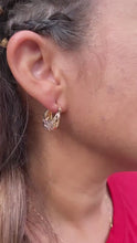 Load and play video in Gallery viewer, 18k Gold Filled Tri-Colored Thick Open Hollow Hoop Earrings With Floral Design
