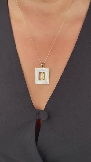 18k Gold Filled Mother of Pearl Square See Through Medallion Engraved with Virgin Mary & CZ