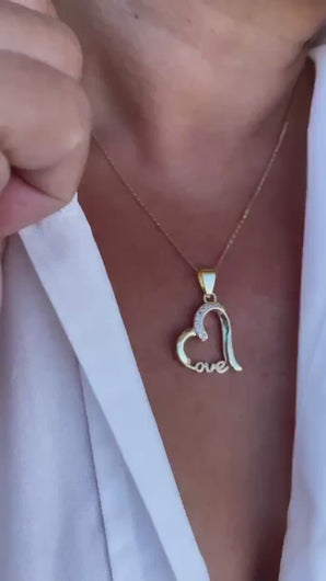 18k Gold Filled XL Engraved Love Heart Pendant with cz