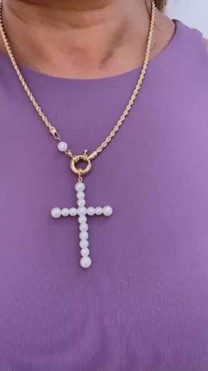 18k Gold Filled Rope Chain With Pearl Cross Center piece With Pearl Piece