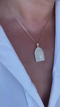 Load and play video in Gallery viewer, 18k Gold Filled Mother of Pearl Rectangle Medallion Engraved with Virgin Mary &amp; CZ
