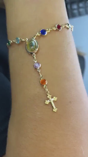 18k Gold Filled Small Round Colorful Rosary Bracelet, Multicolor Fashion Guadalupe Medal