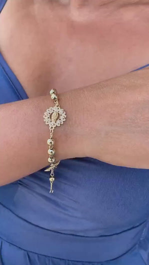 18k Gold Filled Rosary Bracelet: Virgin Mary, Jesus Crucifix, CZ Medal