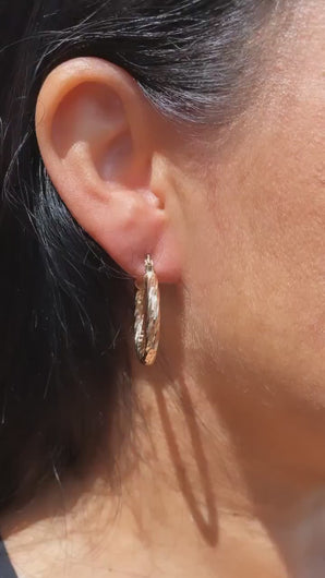 18k Gold Filled Small Twisted Diamond Cut Textured Hoop Earrings 25mm Diameter